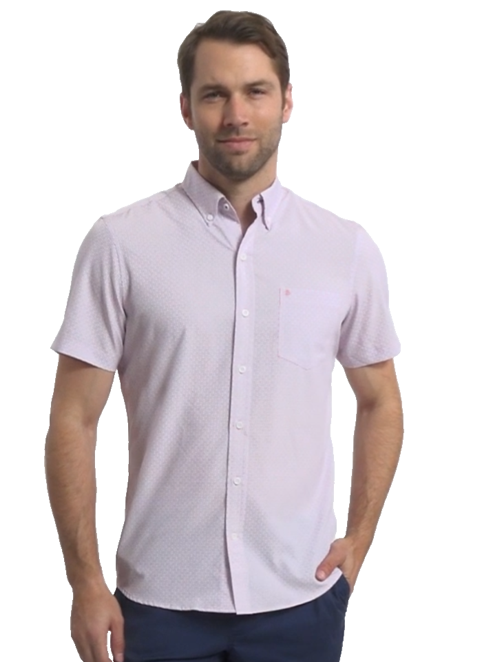 $50 Izod Men’s- Breeze Short Sleeve Button Down Shirt- Prizm Pink- Medium-New
