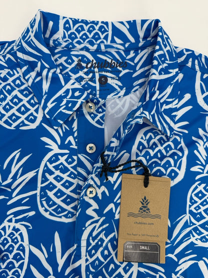 Chubbies Men's The Thigh Napple Performance Polo Shirt- Blue Pineapple-Small-New