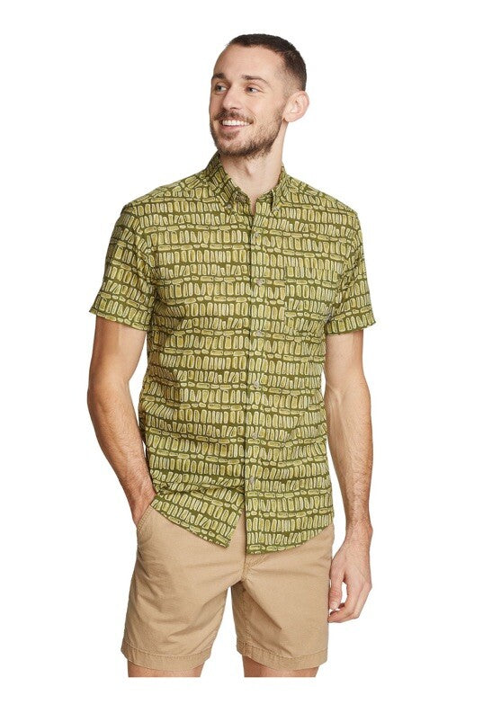 Eddie Bauer Men's Baja Print Camping Short Sleeve Shirt-Olive Green-Medium-New