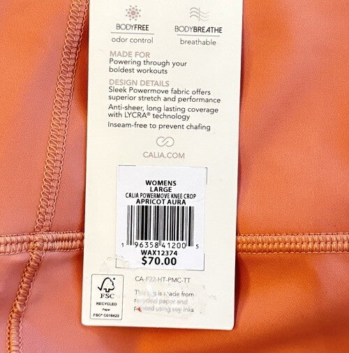 $70 CALIA  Women’s PowerMove High Rise Knee Crop Tights -Apricot Aura-Large-NWT