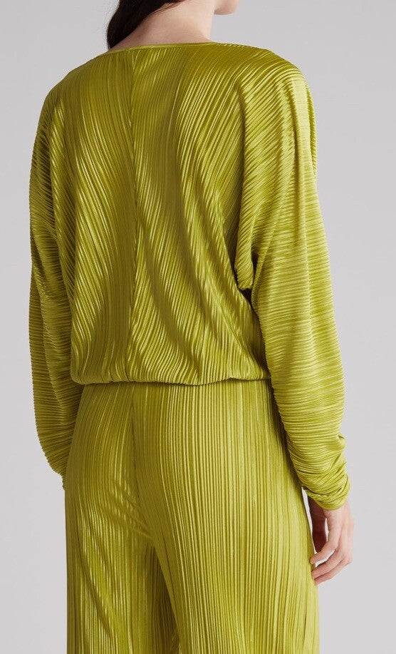 $129 Good American Women’s- Plissé Ruched Top Blouse Shirt- Chartrusse- Size 1/2