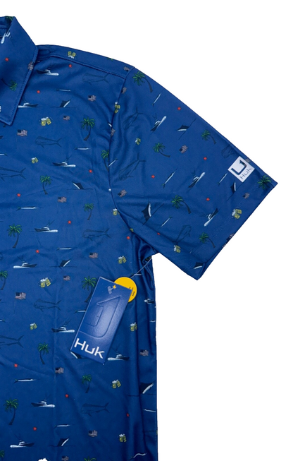 $55 Huk Men's Pursuit Beach Freedom Print Polo - Blue - Medium - New With Tags
