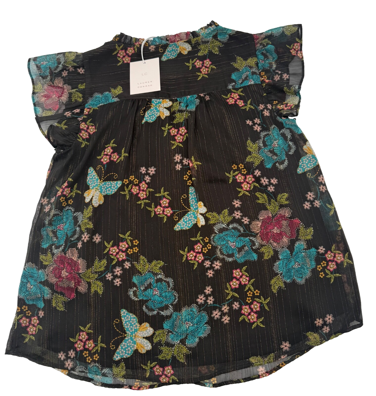 $44 Lauren Conrad Women’s-Ruffle Shoulder V-Neck Shirt -Black Floral-XSmall-New