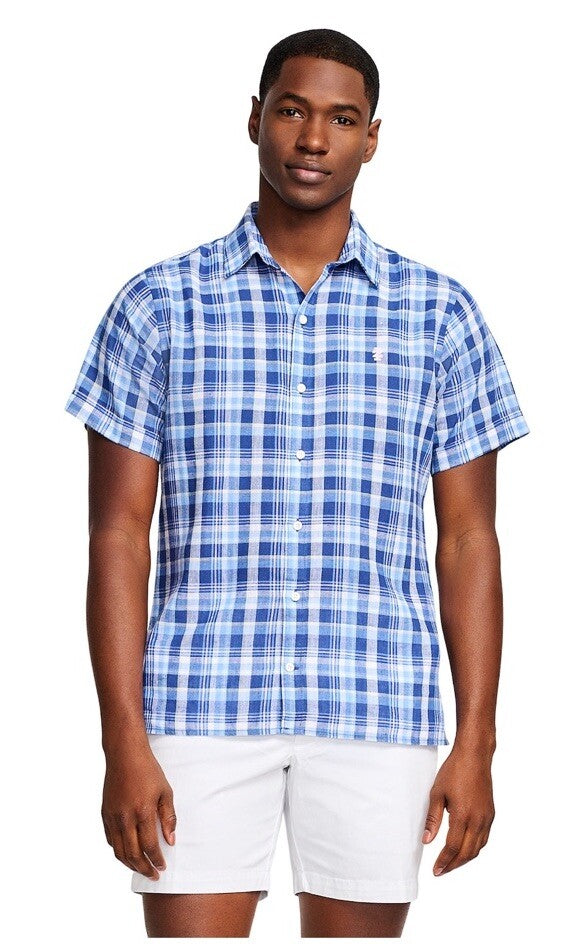 $50 Izod Men’s Linen Blend Madras SS Button Up Shirt-Twilight Blue Plaid-Medium