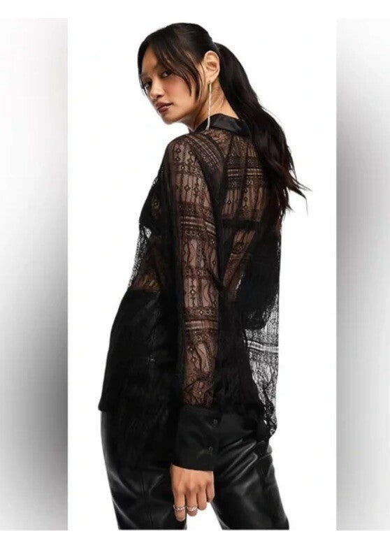 $269 ALLSAINTS "Oana" Black Sheer Lace Relaxed Button Up Shirt Blouse-Sz 4- NWT