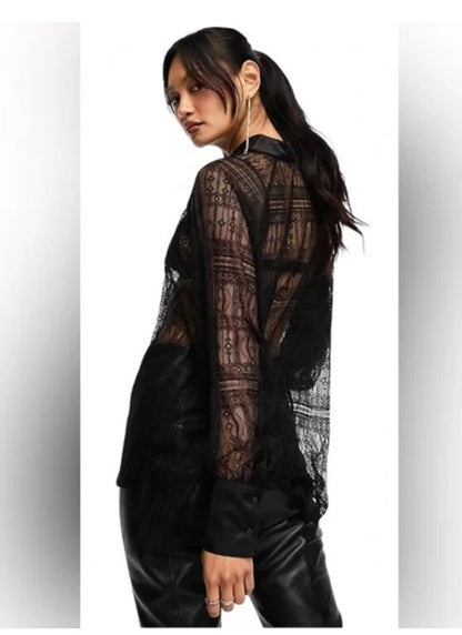 $269 ALLSAINTS "Oana" Black Sheer Lace Relaxed Button Up Shirt Blouse-Sz 4- NWT