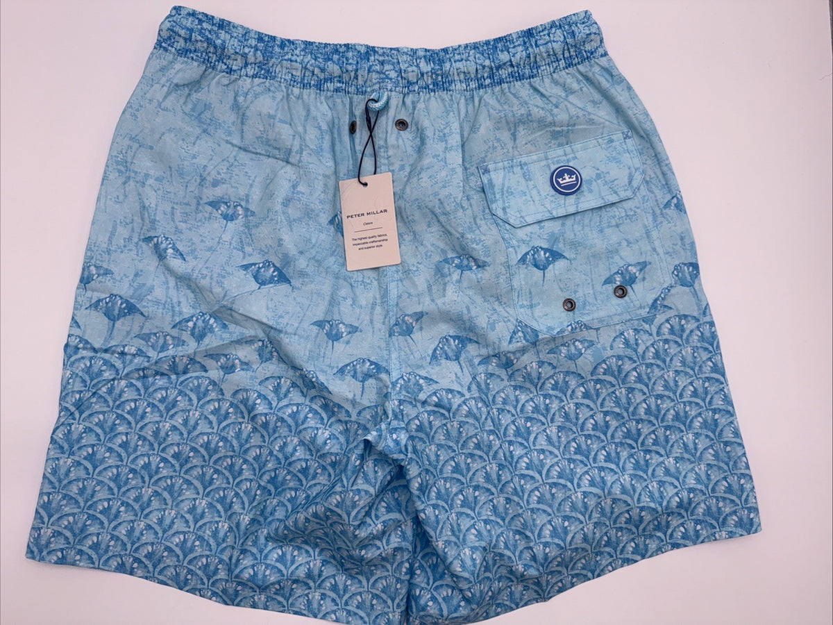 $100 Peter Millar Men’s Tropical Stingray Swim Trunks - Blue- Small - NWT
