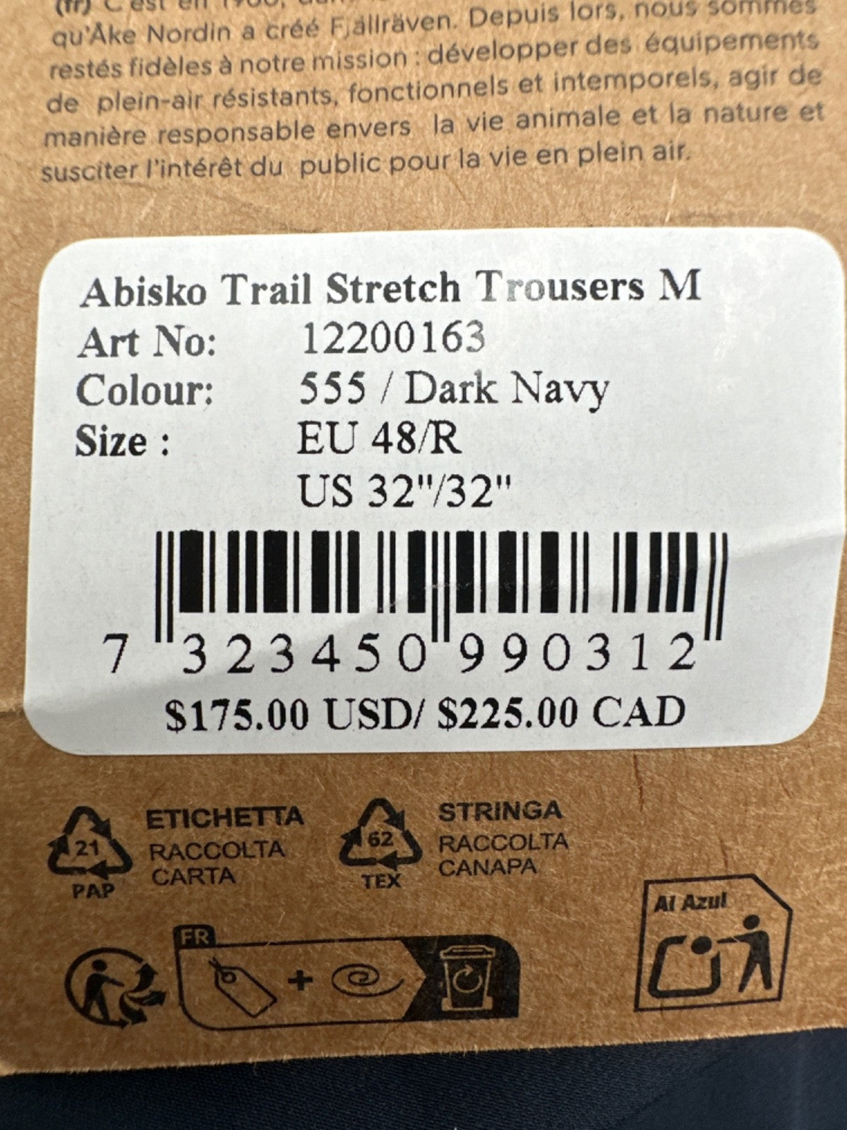 $175 Fjall Raven Men’s Abisko Trail Stretch Trousers - Dark Navy -32W x 32L-New