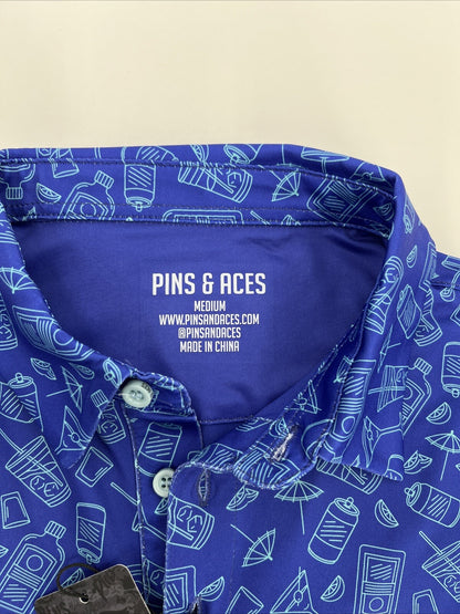 $70 Pins & Aces Men’s Happy Hour Performance Stretch Polo-Blue Bonnet-Medium-New