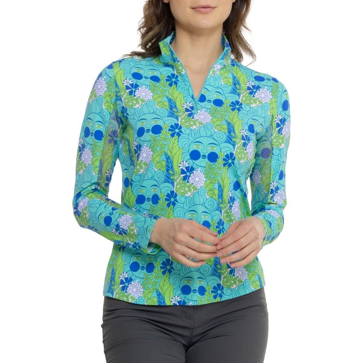 $75 Ibkul Women's Longe Sleeve Zip Mock Neck Top- Nadia Jade/Lime - Small - New