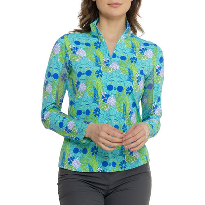 $75 Ibkul Women's Longe Sleeve Zip Mock Neck Top- Nadia Jade/Lime - Small - New