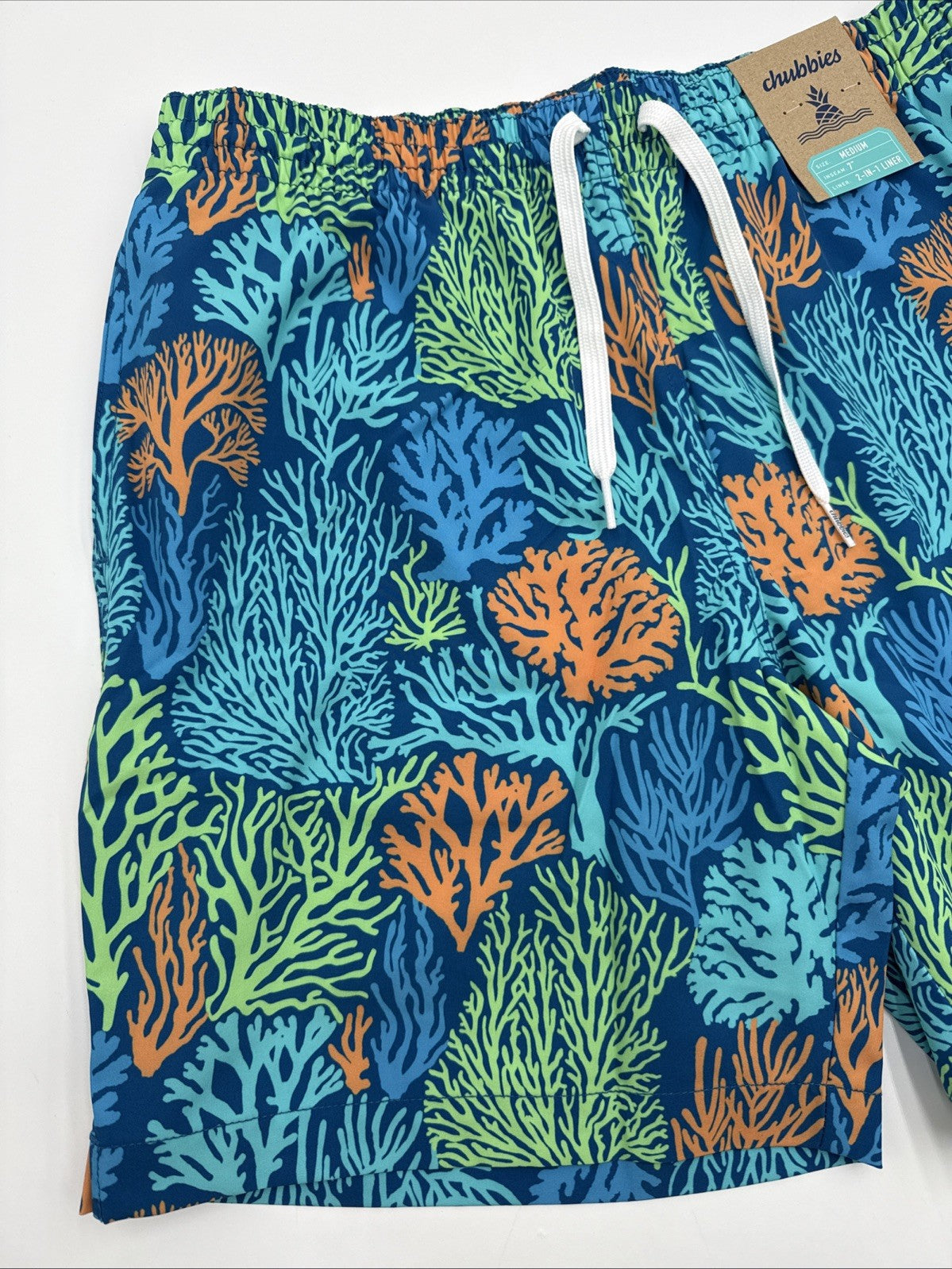 $80 Chubbies Men’s The Coral Quarrels 7” Swim Trunk Liner Shorts-Aqua - Medium