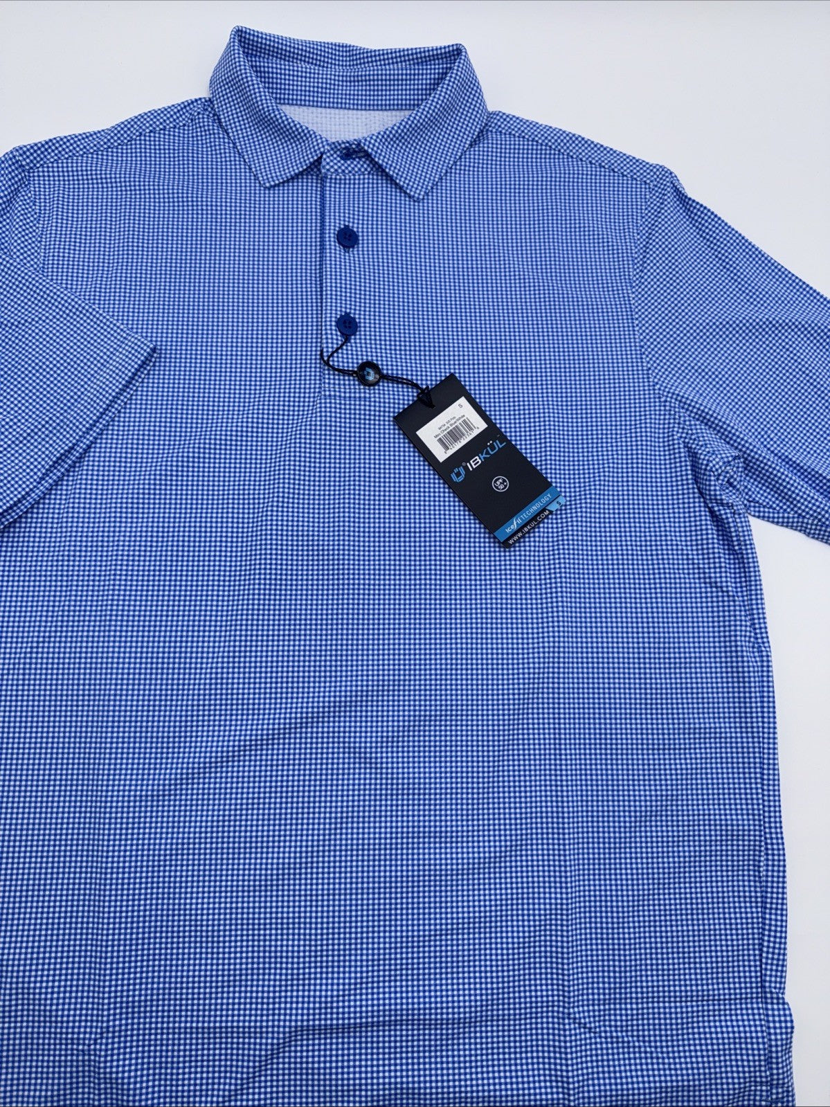 $100 IBKUL Men’s Short Sleeve Polo Mini Check UPF 50+ - Blue/White- Medium -New