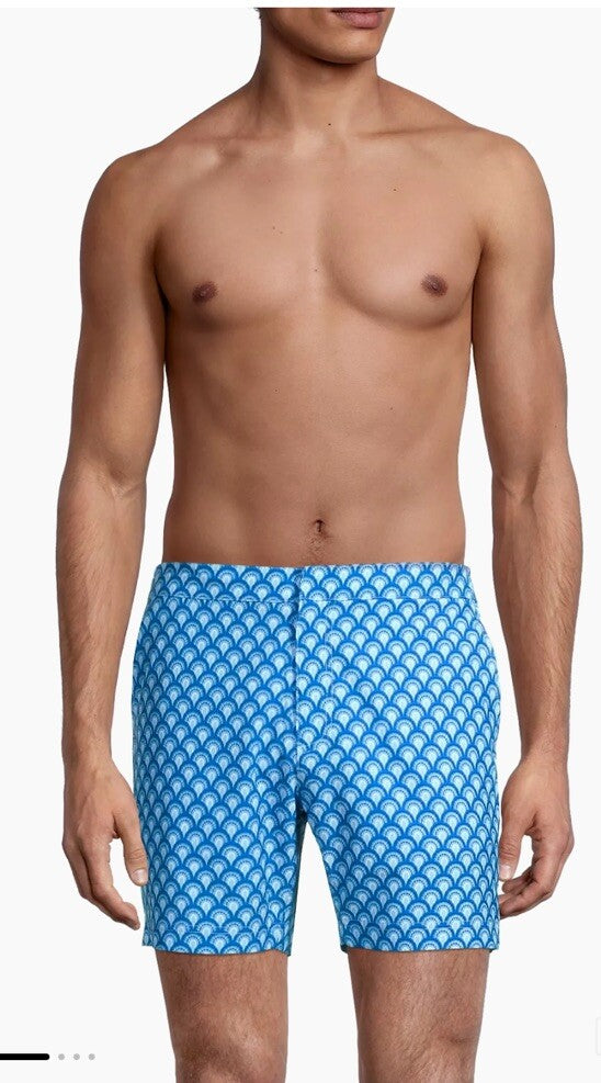 $89 FAIR HARBOR Men’s Sextant Swim Trunk Inner Lined Shorts-Blue Deco-Size: 30W