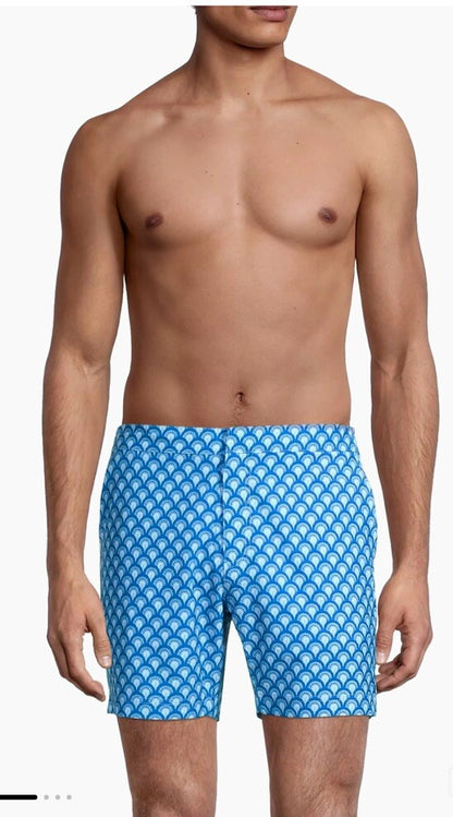 $89 FAIR HARBOR Men’s Sextant Swim Trunk Inner Lined Shorts-Blue Deco-Size: 30W