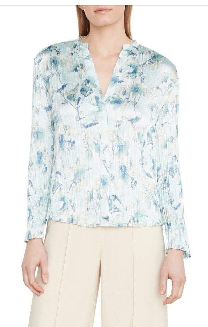 $295 Vince Women’s Floral Crushed Satin Blouse Shirt- Pale Lagoon-Small-New Tag