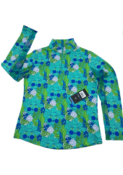 $75 Ibkul Women's Longe Sleeve Zip Mock Neck Top- Nadia Jade/Lime - Small - New
