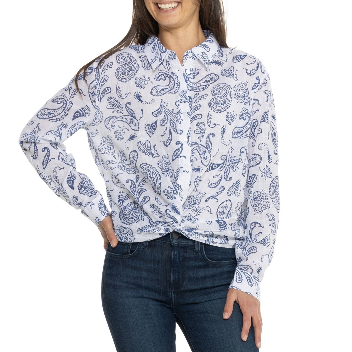 $90 Lucky Brand Women's Printed Tie Front Button Down Shirt-White/Blue-Large