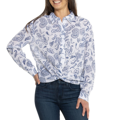 $90 Lucky Brand Women's Printed Tie Front Button Down Shirt-White/Blue-Large