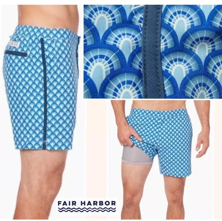 $89 FAIR HARBOR Men’s Sextant Swim Trunk Inner Lined Shorts-Blue Deco-Size: 32W