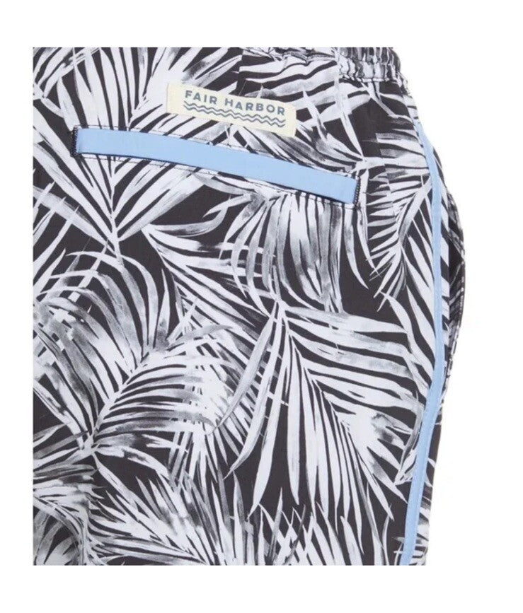 $89 FAIR HARBOR Men’s Sextant Swim Trunk Inner Lined Shorts-white/Blk-Size: 36W