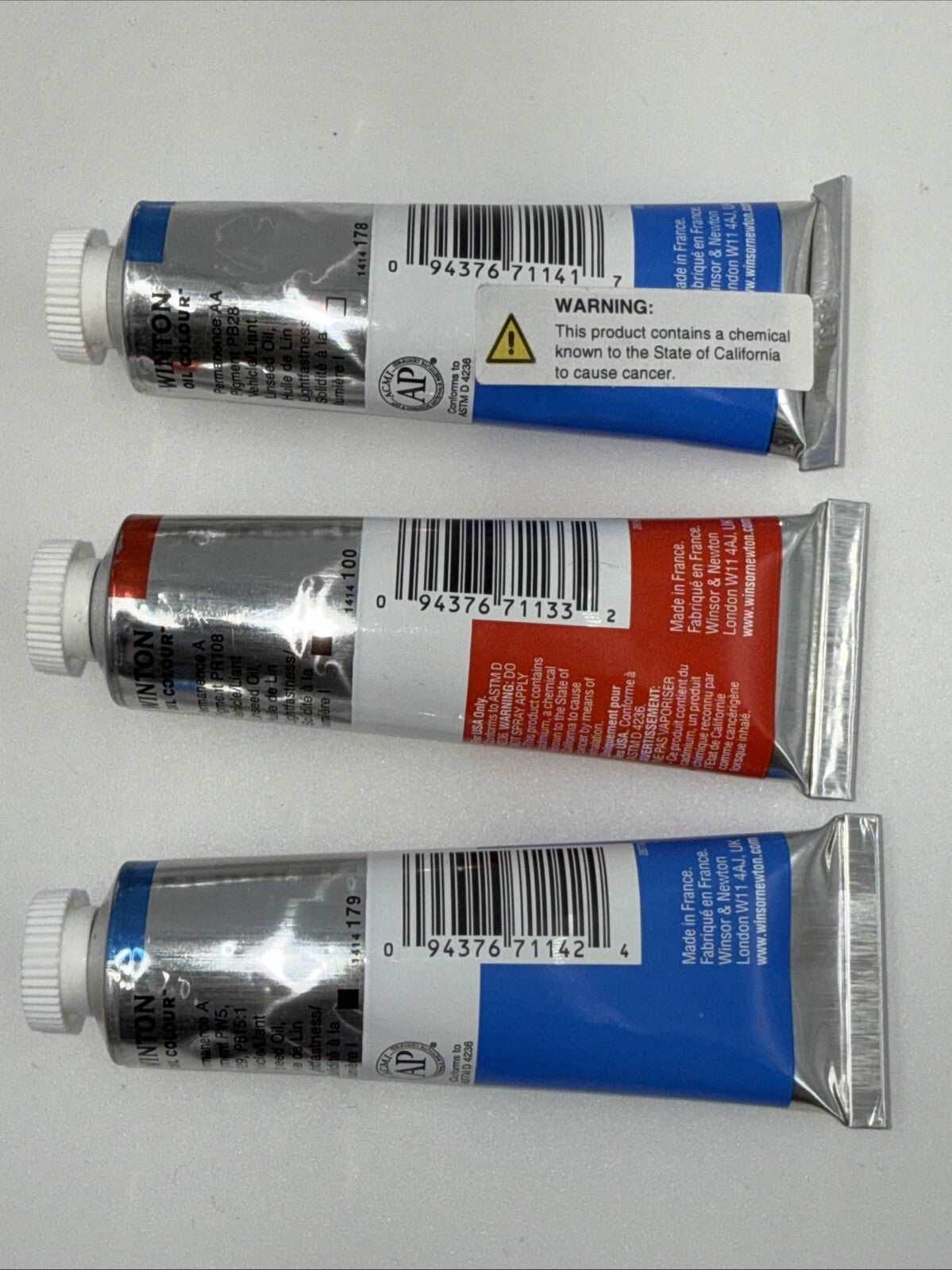 Combo Of 3 Winsor and Newton Winton Oil Colour 1.25 oz. Cadmium 1 Red,2 Blue
