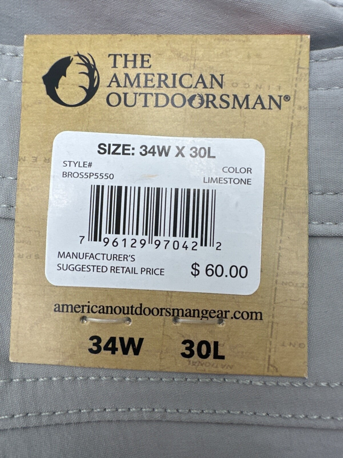 $60 The American Outdoorsman Men's Pant - Limestone - Size 34W x 30L - New