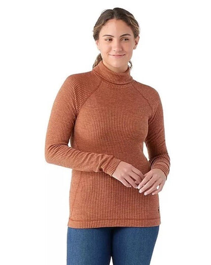 $120 Smartwool Women’s Merino Rib Turtleneck Shirt-Pecan Brown Heather-XSmall