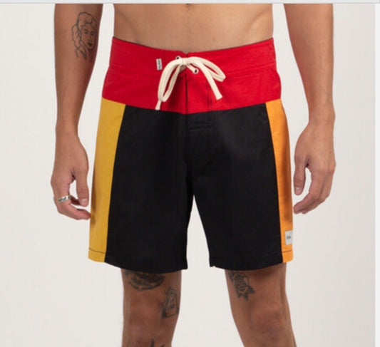 $69 Rhythm Men’s Heritage Block Swim Trunk- Black/Red/Multi- Size: 34W Brand New