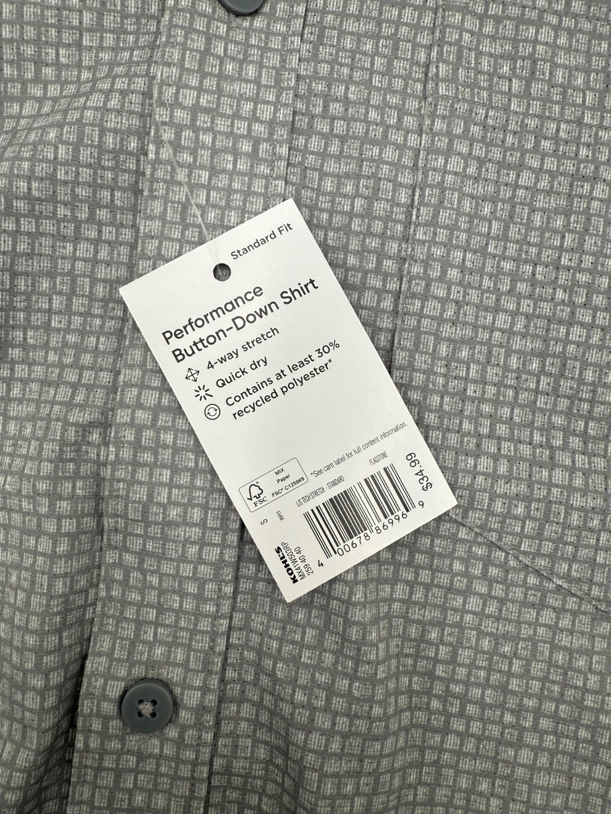 $35 FLX Men’s-Performance Untucked-Fit Long Sleeve Button Down Shirt-Gray-Small