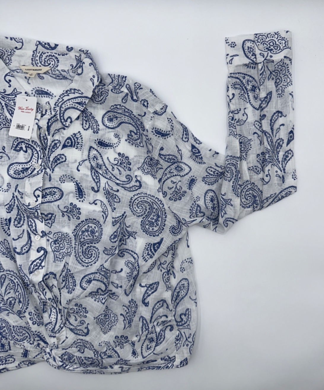 $90 Lucky Brand Women's Printed Tie Front Button Down Shirt-White/Blue-Large
