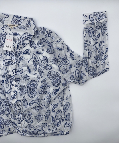 $90 Lucky Brand Women's Printed Tie Front Button Down Shirt-White/Blue-Large