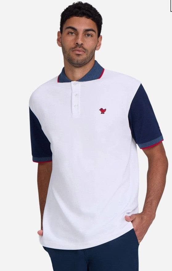 $84 Bad Birdie Men’s Pique Golf Polo Shirt- White/Navy/Red- Medium- New Tags