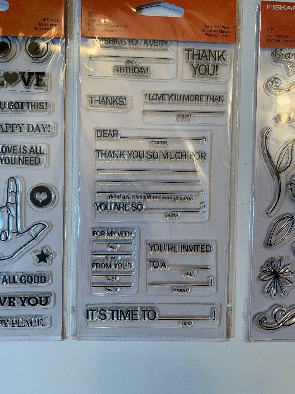 Lot Of 3 Fiskars Clear Stamps 4"X8" - All Smiles, Fill In The Blank, Petals