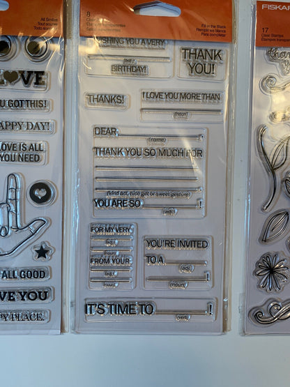 Lot Of 3 Fiskars Clear Stamps 4"X8" - All Smiles, Fill In The Blank, Petals
