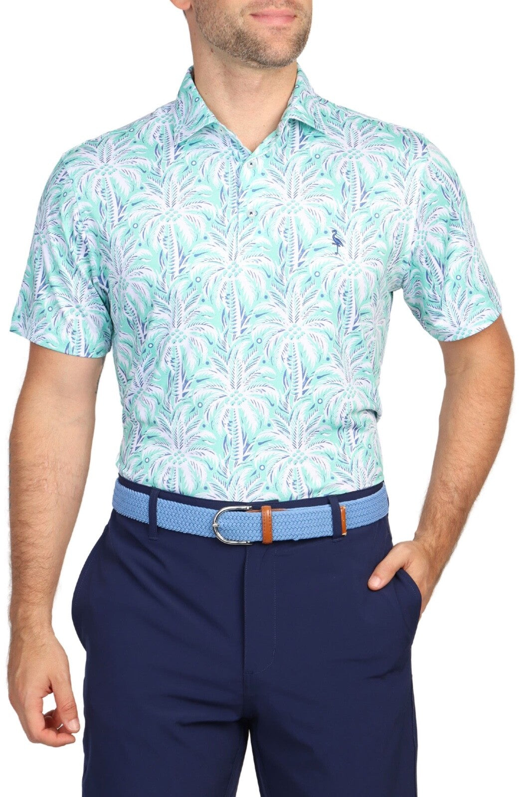 $80 TailerByrd Men's Palm Tree Print Performance Polo- Sea Foam - Small - New