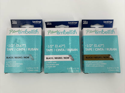 3 X Brother P-Touch Embellish Tape & Satin Ribbon ~1/2" (0.47") -NEW-LOT OF 3!