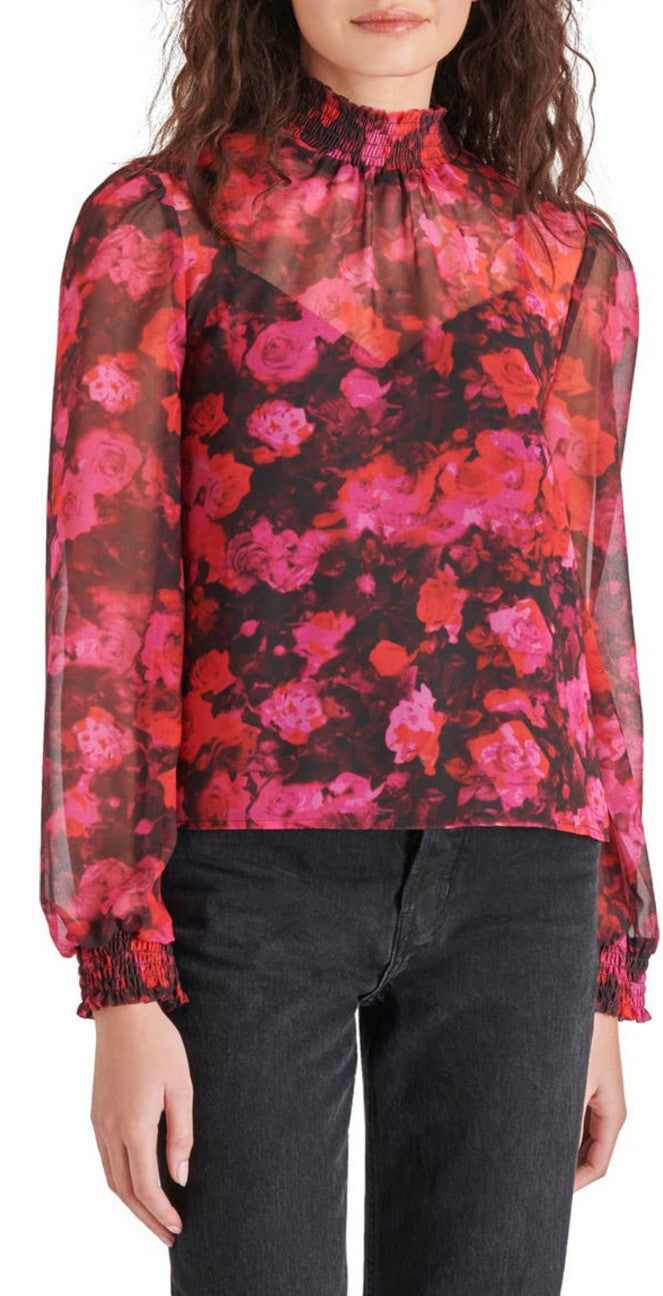 Steve Madden Women’s Floral Mock Neck Chiffon Top-Multi Pink-Small -NWT $69
