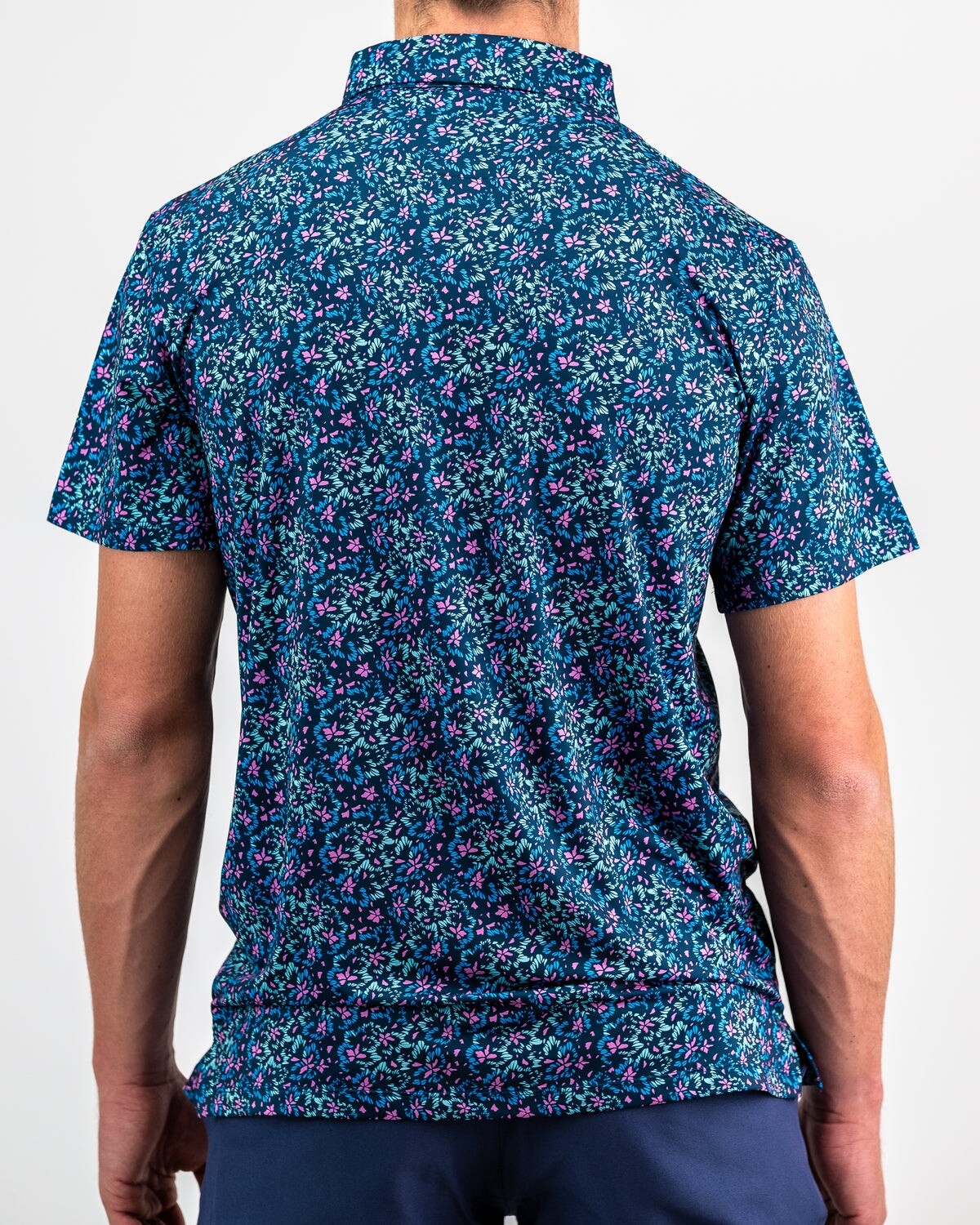 $70 Pins & Aces Fluorescent Floral Golf Polo- Blue/Pink - Medium - New With Tag