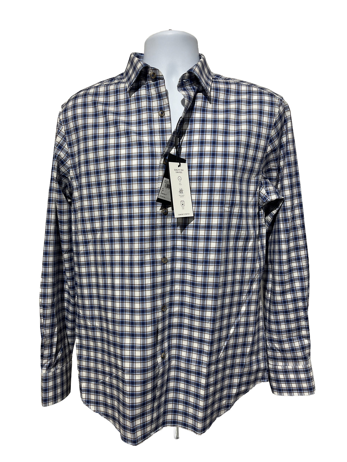 Bugatchi Uomo Men’s Plaid Dress Shirt Long Sleeve -Blue White-Medium- New $149