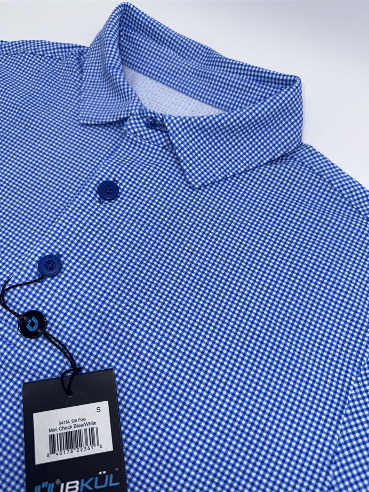 $100 IBKUL Men’s Short Sleeve Polo Mini Check UPF 50+ - Blue/White- Medium -New