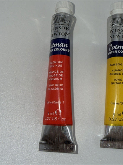 Combo Lot Of 3 Winsor & Newton Cotman Water Colours, 8ml, Red, Yellow, Blue