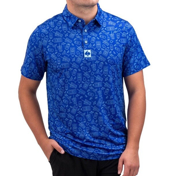 $70 Pins & Aces Men’s Happy Hour Performance Stretch Polo-Blue Bonnet-Medium-New