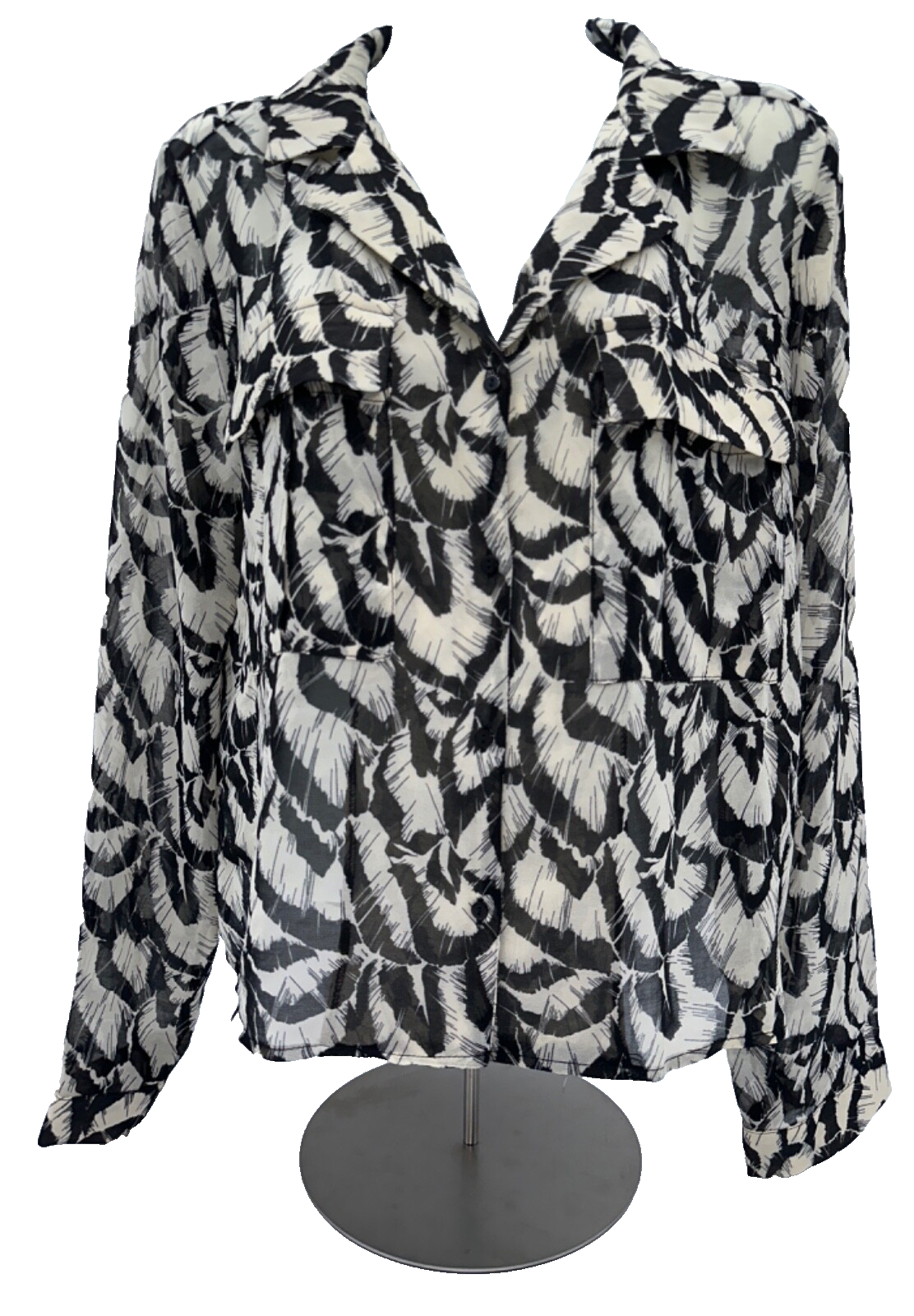 $88 T Tahari Women's Long Sleeve Feather Print Blouse - Black/Tan - Medium -New