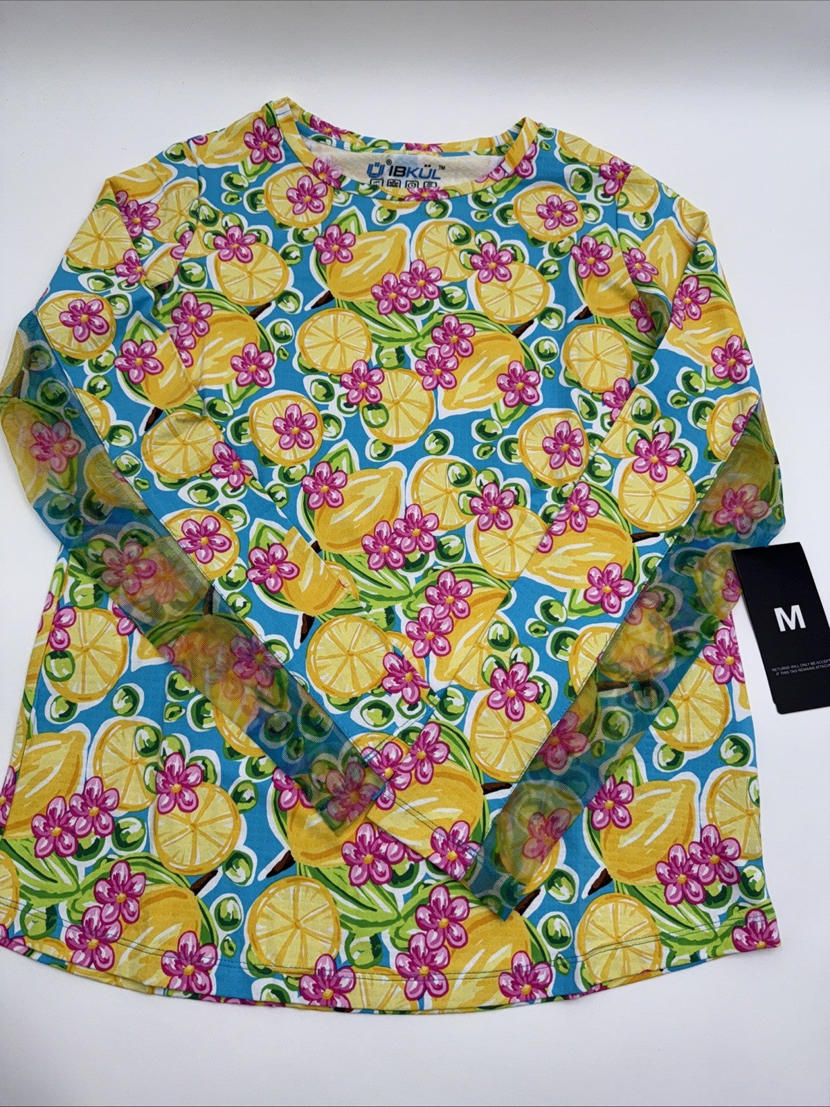 $108 IBKUL Calista Long Sleeve Crew Neck Shirt Top -Turquoise Lemon-Medium-New