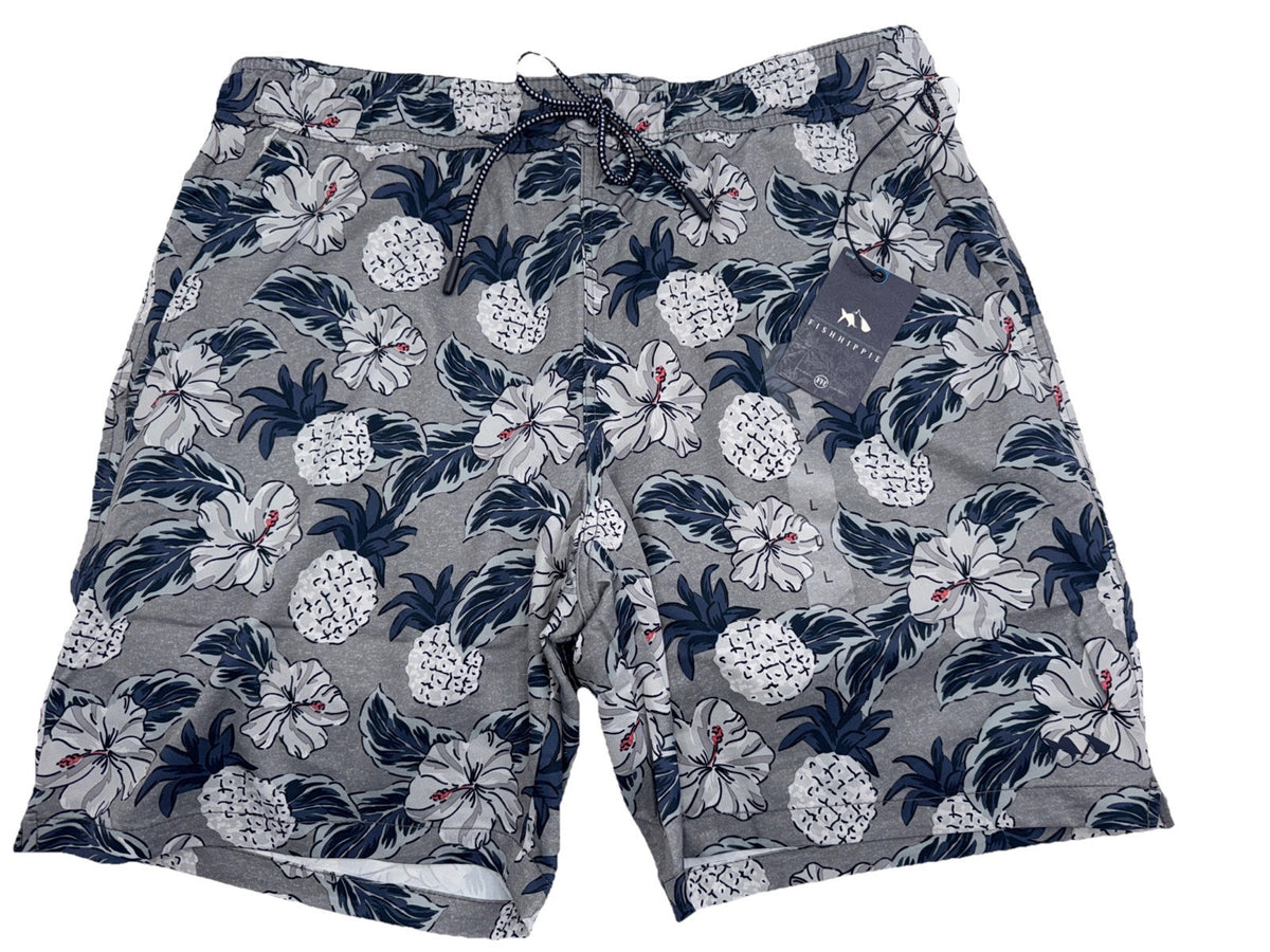 $86 Fish Hippie Men’s Palaver 8” Volley Lined Swim Shorts-Floral Charcoal- Large