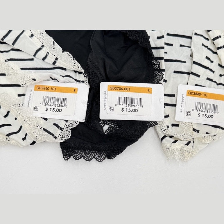3 Pair Calvin Klein Women’s Bikini Panty QD3840-1 Black/2 Stripe Ivory - Small