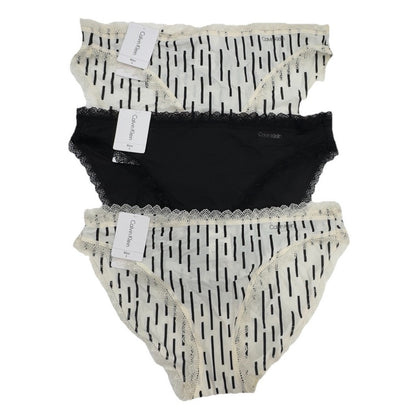 3 Pair Calvin Klein Women’s Bikini Panty QD3840-1 Black/2 Stripe Ivory - Small