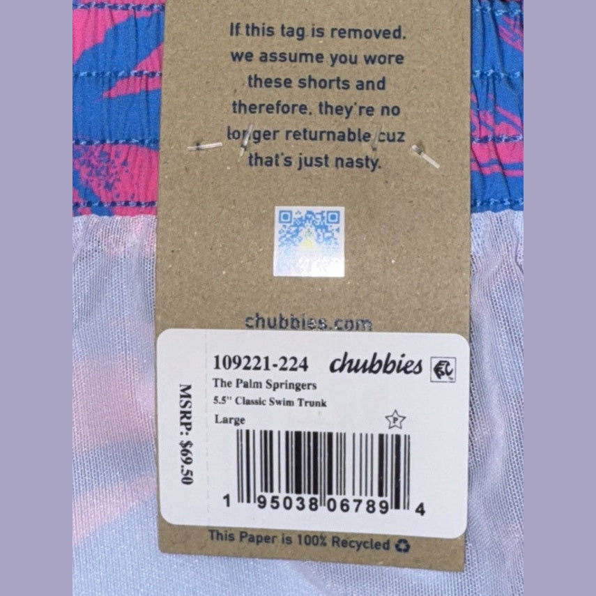$70 Chubbies The Palm Springers 5.5" Inseam Swim Trunks-Pink/Blue- Large-New Tag