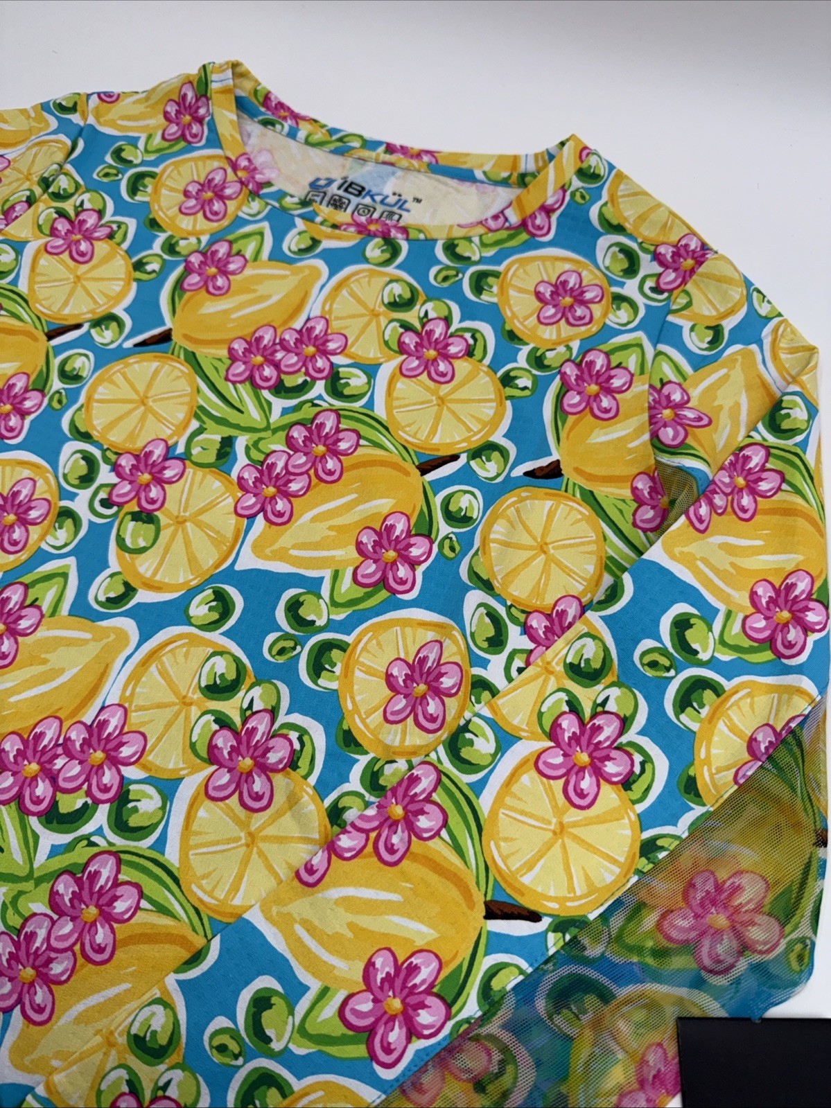 $108 IBKUL Calista Long Sleeve Crew Neck Shirt Top -Turquoise Lemon-Medium-New